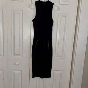 Sleeveless Black Midi Dress with Front Zip Accents
